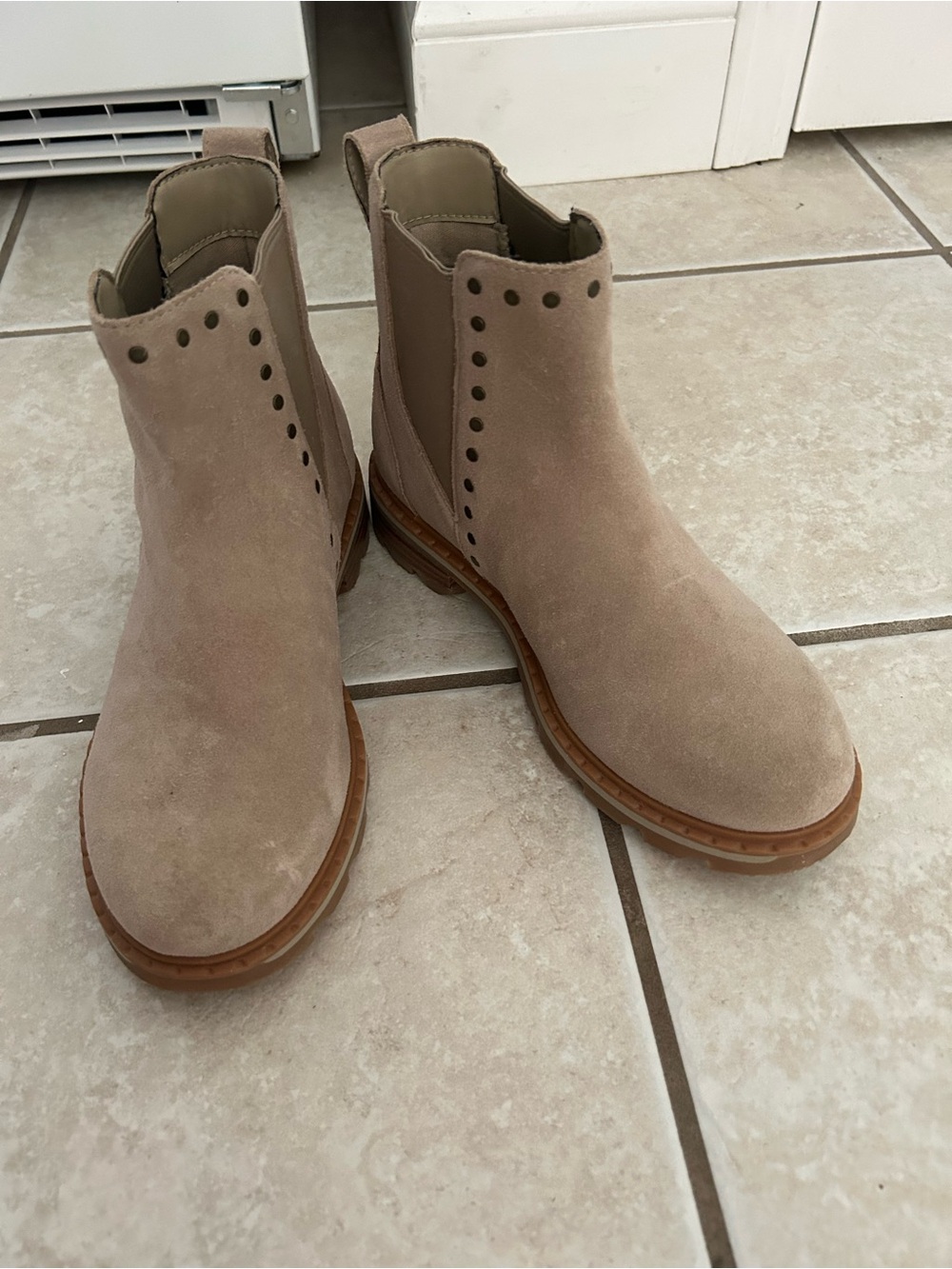Sorel Taupe Suede Chelsea Ankle Boots with Stud Detail
